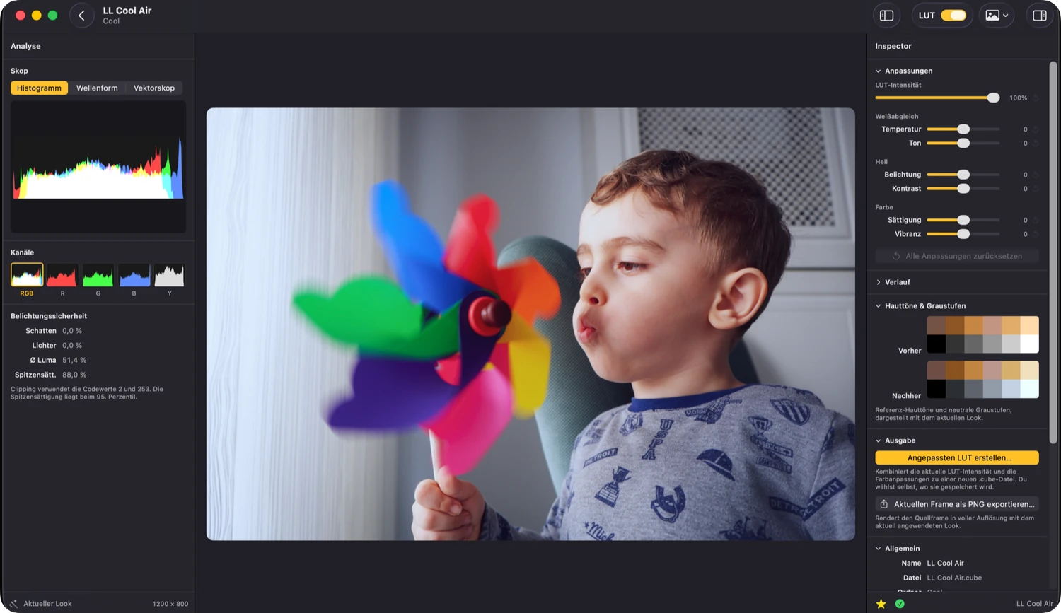Look Luts Detailansicht auf einem MacBook, Scopes und Regler neben dem gegradeten Bild