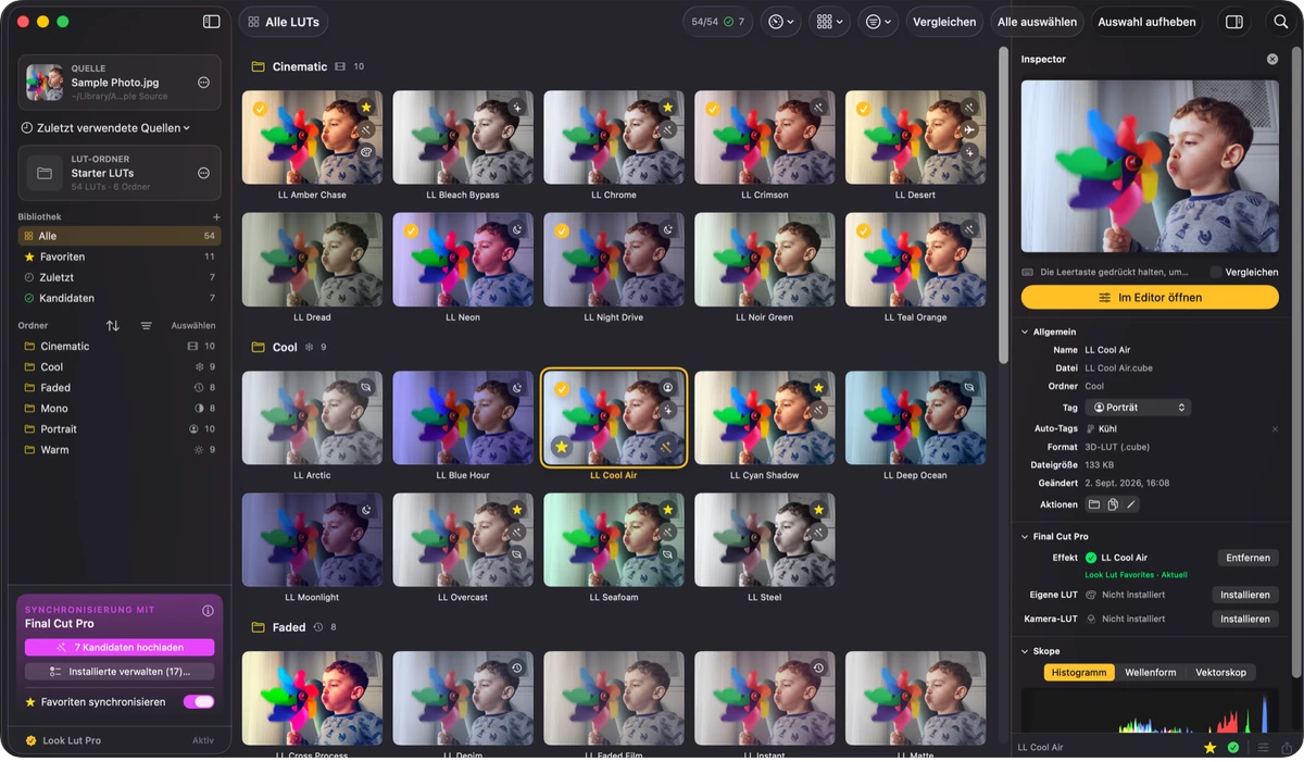 Look Luts Sammlungsfenster auf einem MacBook, ein Raster aus LUT-Miniaturen auf einem Bild
