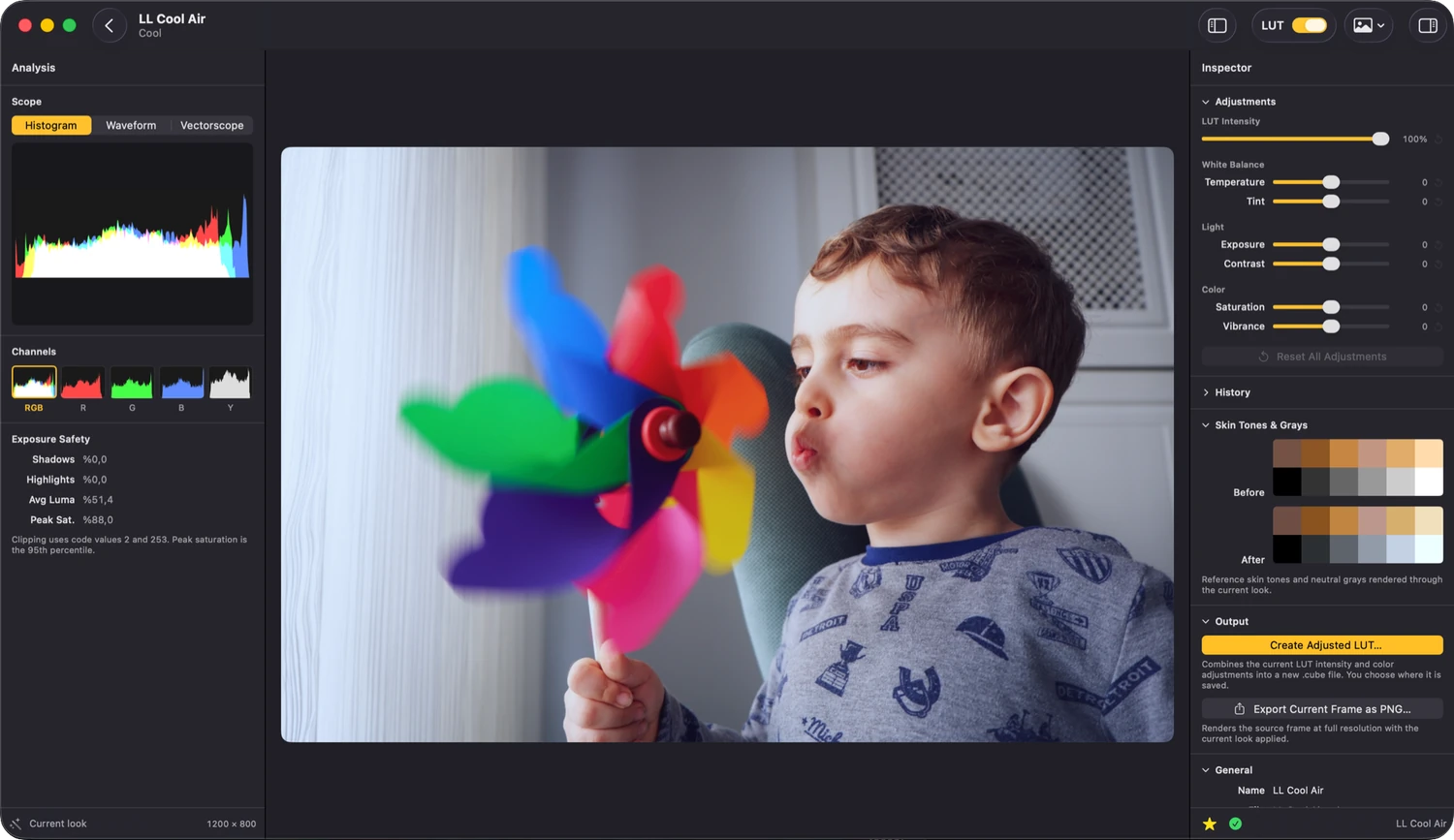 Look Lut’s detail editor open on a MacBook, scopes and sliders beside the graded frame