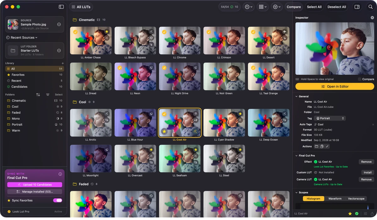 Look Lut’s library window open on a MacBook, a grid of LUT thumbnails rendered on one frame