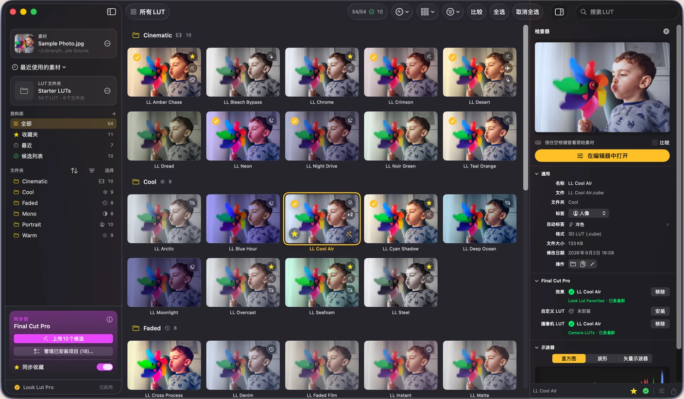 带 LUT 文件夹、收藏和最近使用的边栏,旁边是已渲染缩略图的网格